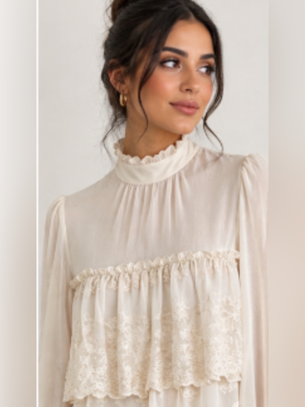 Cottage girl vibes,Francesca's Cream Ruffle baby doll style Lace and mesh top